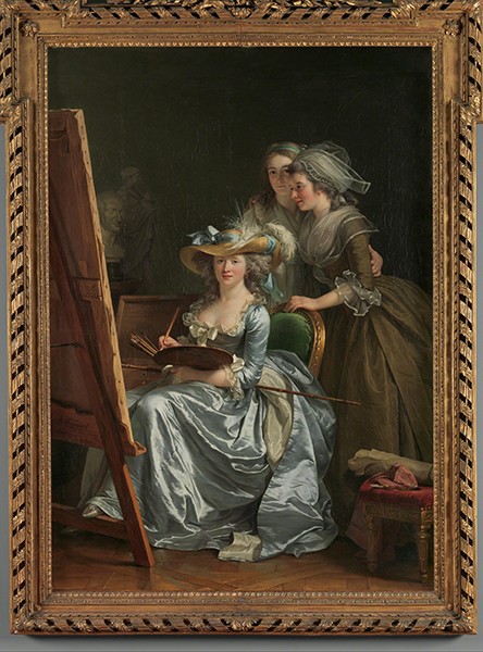 Painting by Adélaïde Labille-Guiard titled Self-Portrait with Two Pupils, Marie-Gabrielle Capet (1761–1818) and Marie Marguerite Carreaux de Rosemont (died 1788) (1785). The artist sits at a large easel holding a palette with two female student looking on