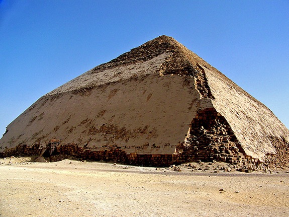 Ancient Egypt Bent Pyramid of Sneferu (ca. 2575–2551 BCE). Pyramid that begins at a 55-degree angle at the base, then changes to a 43-degree angle in the upper portion.