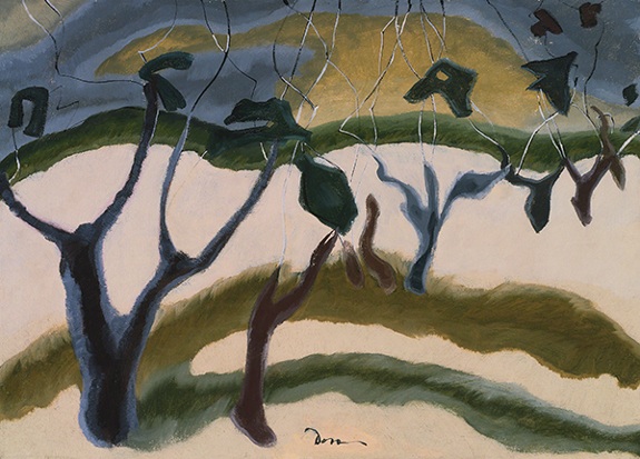 Oil painting by Arthur Dove titled Electric Peach Orchard (1935). Abstract landscape of peach trees with energy lines extending from their branches.