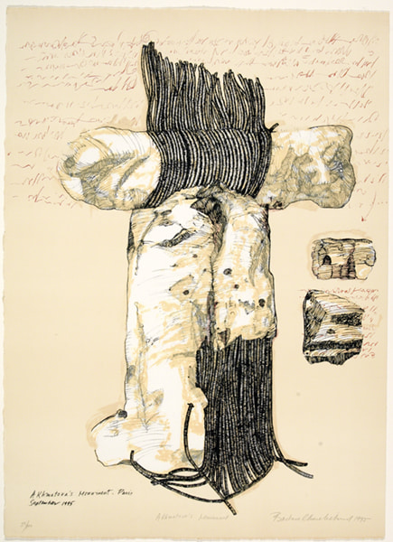 Print by Barbara Chase-Riboud titled Akhmatova's Monument (1995). Concept drawing of thick forms wrapped in rope.