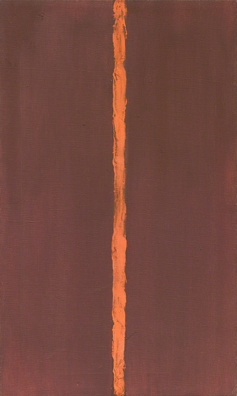 Oil painting by Barnett Newman titled Onement I (1948). Vertical painting of an orange zip centered on a brown background.