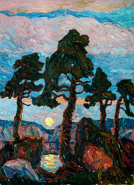 Oil painting by Birger Sandzén titled Landscape with Four Treet (ca. 1920). Vertical painterly landscape with dark evergreen trees and rocks in the foreground and mountains, low sun, and sky in the background. 