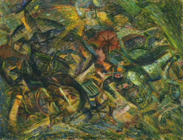 Oil painting by Carlo Carra titled Jolts of a Cab (1911). Abstract, moving vehicle in greens, yellows, and red.