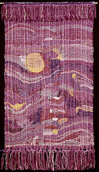 Weaving by Else Regensteiner titled Dazzling Journey (1970). Vertical weaving of undulating lines and rounded forms in magenta, yellow, violet, and white.