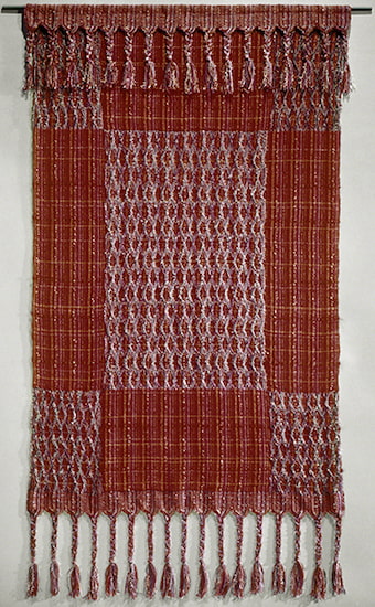 Weaving by Else Regensteiner titled Rectangles (1973). Vertical weaving with rectangles in fuchsia and white.