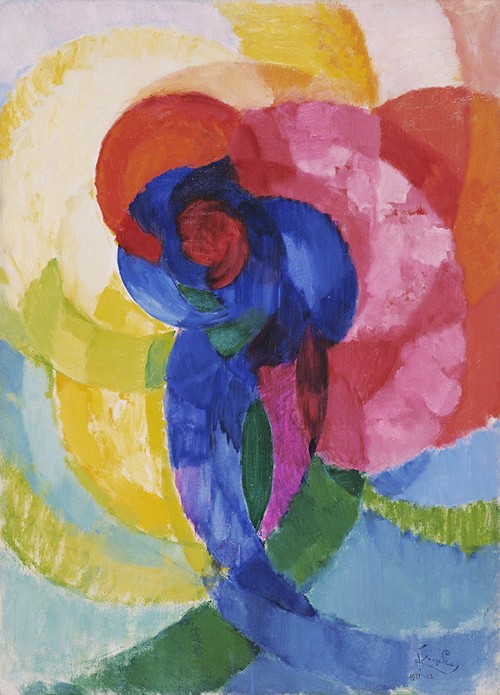 Painting by František Kupka titled Red and Blue Disks (1911-1912). Rounded shapes in blue, red, pink, orange, yellow, and green radiating from a central point.