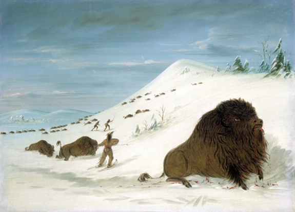 Painting by George Catlin titled Buffalo Lancing in the Snow Drifts - Sioux, 1861/1869. People wearing snowshoes hunting buffalo in the snow.