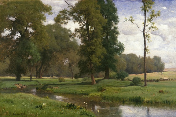 Oil painting by George Inness titled June (1882). Landscape of trees along a stream.