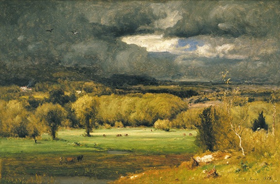 Oil painting by George Inness titled The Coming Storm (1878). Storm clouds above a landscape with fields and trees.