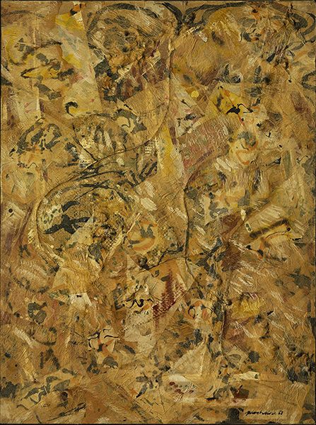 Collage by Jackson Pollock titled Number 2, 1951 (1951). Layered collage of paper, pebbles, twine, wire, newsprint, and oil paint.