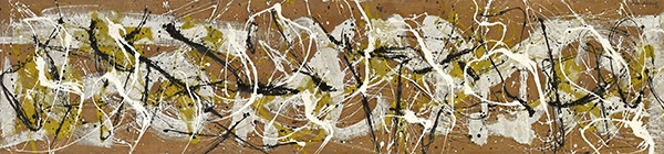 Painting by Jackson Pollock titled Number 7, 1950 (1950). Long, horizontal nonobjective painting in white, black, and yellow on neutral brown background.