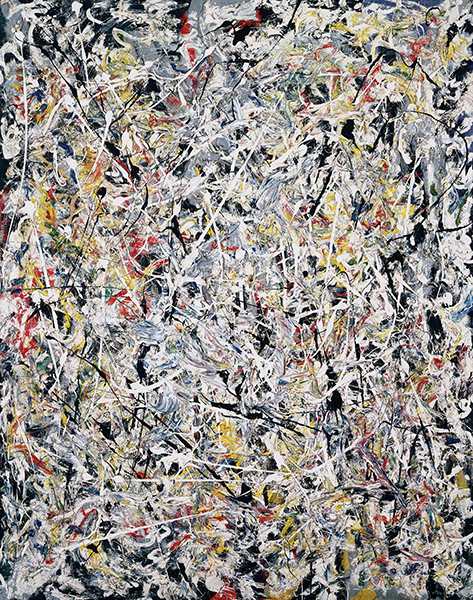 Painting by Jackson Pollock titled White Light (1954). Dense, all-over abstract painting in black, white, yellow, red, and gray.