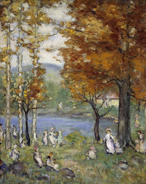 Painting by James V. Herring titled Campus Landscape (1924). Figures wearing white and pastels in a landscape with trees, water, and distance hills.