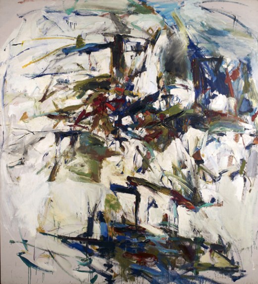 Painting by Joan Mitchell titled George Went Swimming at Barnes Hole, but It Got Too Cold (1957). Nonobjective strokes of white, black, blue, yellow, green, and red.