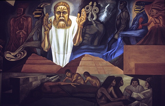 Panel 5 from José Clemente Orozco's fresco mural cycle The Epic of American Civilization (1932–1934). Bearded figure in white (Quetzalcoatl) with Mesoamerican pyramids and seated and reclining human figures below, and six gods behind.