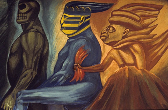 Gray figure with skull (Mictlantecuhlti, god of death), blue figure with blue and yellow face (Huitzilopochtli, god of war), and reddish-yellow figure (Huehueteotl, god of fire) from Orozco's The Epic of American Civilization mural (1932-1934).