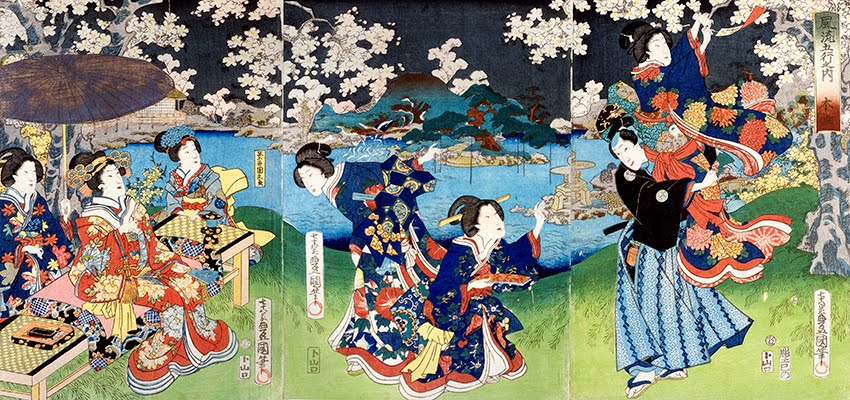 Utagawa Toyokuni III (Kunisada I), Girls in a Garden at Cherry Blossom Time. Triptych, color woodcut on paper.