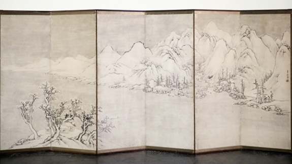 Six-fold screen by Noro Kaiseki titled Winter. Snow-covered trees in the foreground and snow-covered mountains in the distance.