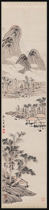 Ink painting by Kanō Tanryu titled River Landscape. Vertical landscape with mountains, trees, river, and houses. 