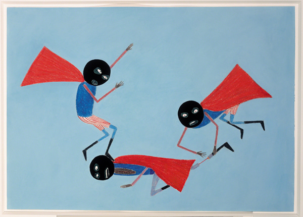 Untitled painting by Laylah Ali (2001). Two figures with black circles for heads and wearing red capes kick at and pull the leg off a third similar figure.