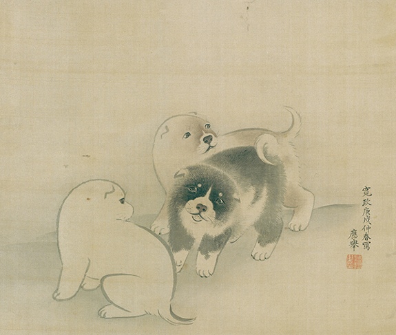 Painting by Maruyama Ōkyo titled Three Puppies (1790). Ink painting of three puppies against a plain background.