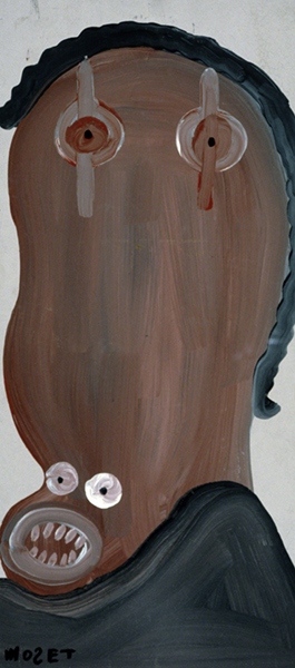 Painting by Mose Tolliver titled Mask. Elongated head with dark hair, prominent nostrils, and dark top.