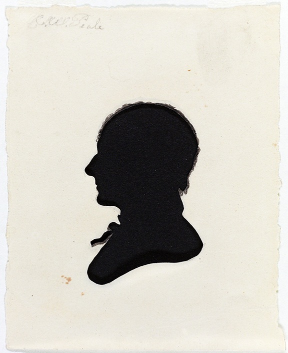 Silhouette by Moses Williams titled Silhouette of Charles Willson Peale (1803–1805). Profile portrait in black on a cream background.