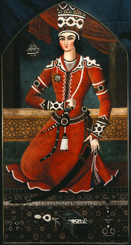 Painting attributed to Muhammad Hasan titled Portrait of Prince Yahya (1830s). Figure in red outfit with ceremonial knife, sword, and pearls seated and framed by an archway.