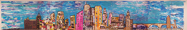 Collaborative collage mural by sixteen art educators and Alice Mizrachi titled Minneapolis Skyline (2024). Cityscape of the Minneapolis skyline with colorful buildings and blue sky.