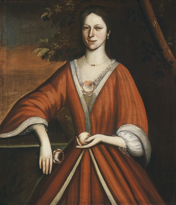 Oil painting by Nehemiah Partridge titled Wyntje (Lavinia) van Vechten (1720). Woman wearing a reddish-orange dress holding a peach in her left hand and peach-colored rose in her right hand.