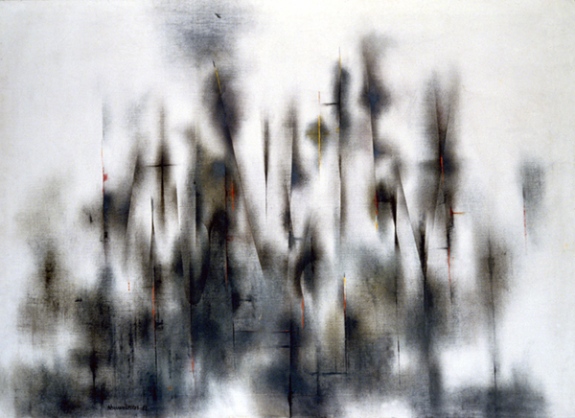 Painting by Norman Lewis titled Composition (1952). Soft black and brown shapes on a white and gray background.