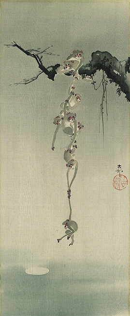 Painting by Ohara Koson titled Monkeys Trying to Reach the Moon. Chain of monkey descending from a branch reach for the moon.