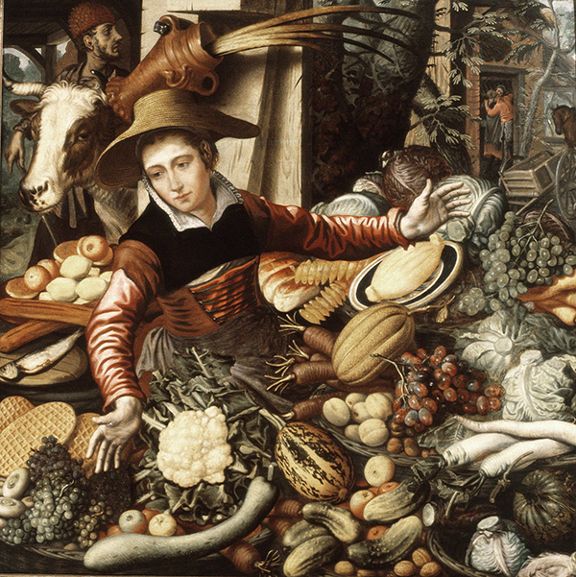 Oil painting by Pieter Aertsen titled Market Woman at a Vegetable Stand (ca. 1567). Woman wearing a hat behind a large pile of fresh vegetables leading to a couple kissing in a doorway.