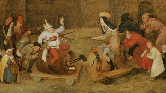 Painting by Pieter Bruegel titled Combat Between Carnival and Lent. Figures representing Carnival and figure representing Lent fight sitting on barrels.