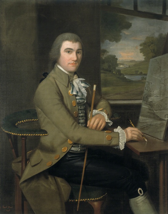 Painting by Ralph Earl titled Portrait of Colonel William Taylor (1790). Man wearing a green jacket seated in front of a landscape painting.