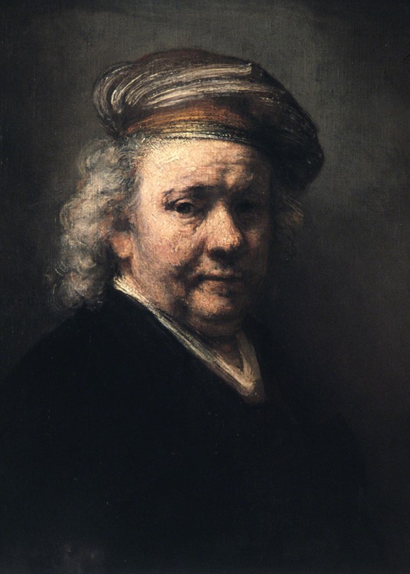 Oil painting by Rembrandt van Rijn titled Self-Portrait (1669). Portrait of Rembrandt as an older man with gray hair, white and orange beret, and dark clothing with dramatic lighting on his face.