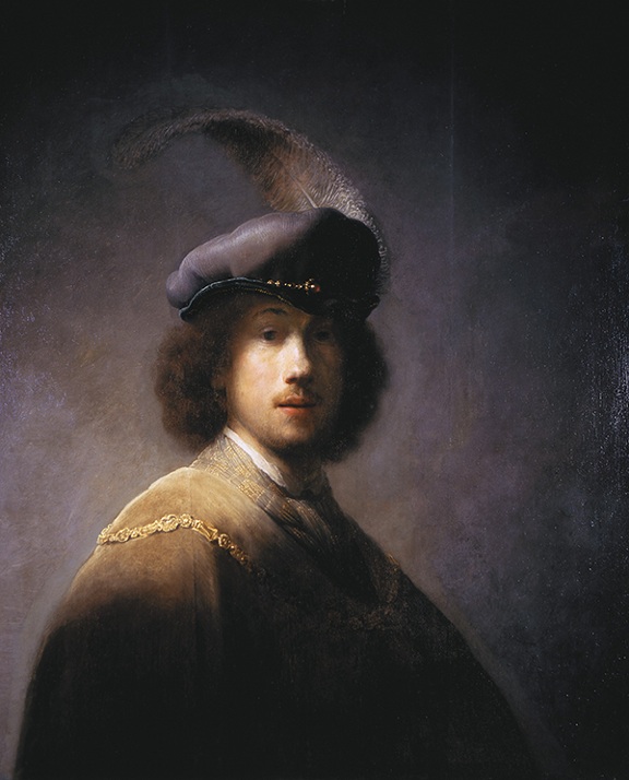 Oil painting by Rembrandt van Rijn titled Self-Portrait, Aged 23 (1629). Portrait of young Rembrandt wearing a blue beret with a feather, brown cloak, and gold chain with dramatic lighting on his face.