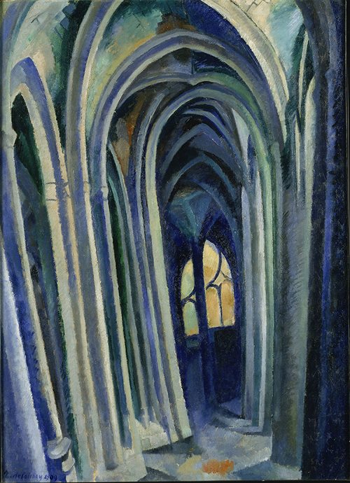 Painting by Robert Delaunay titled Saint-Séverin (1909). Distorted gothic arches and vaults in blue tints, tones, and shades.