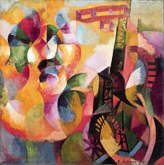 Painting by Robert Delaunay titled Sun, Tower, Airplane (1913). Abstracted Eiffel Tower, a biplane, and a Ferris wheel with warm, bright colors radiating in circular shapes.