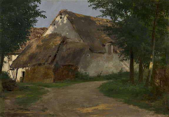 Oil painting by Rosa Bonheur titled The Farm at the Entrance to the Woods (1860–1880). Thatch-roofed farmhouse shaded by trees.