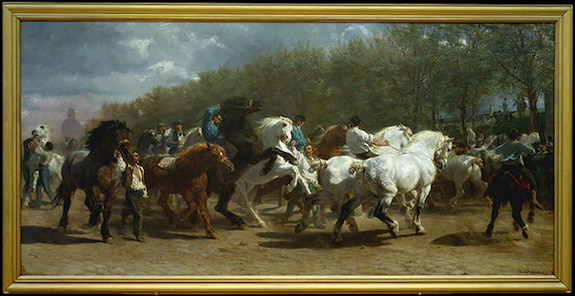 Oil painting by Rosa Bonheur titled The Horse Fair (ca. 1852–1855). Large-scale painting of white and brown horses at a Paris horse market.