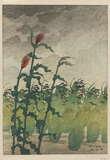 Woodblock by Shinsui Ito titled Before the Storm (1920). Plant stocks with storm clouds in the background.