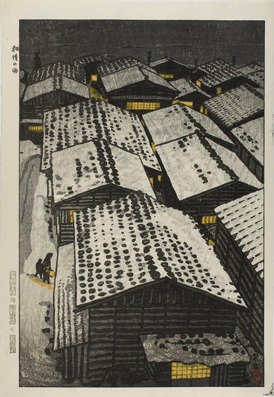 Woodcut by Shirō Kasamatsu titled "The Sea at Echigo" (1957). Aerial nighttime view of snow-covered rooftops with the sea in the distance.