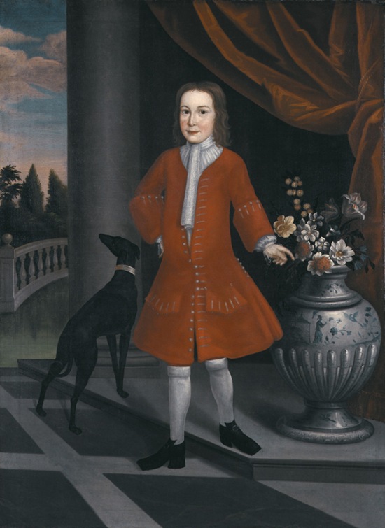 Portrait of Pierre van Cortland (ca. 1731). Young boy in a red jacket and white stockings with a black dog and large vase of flowers.