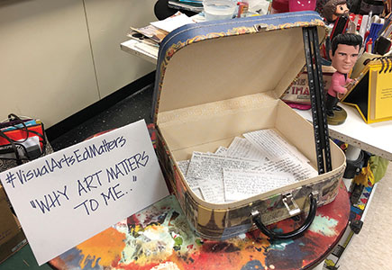 An embellished suitcase contains students’ Why Art Matters to Me cards.