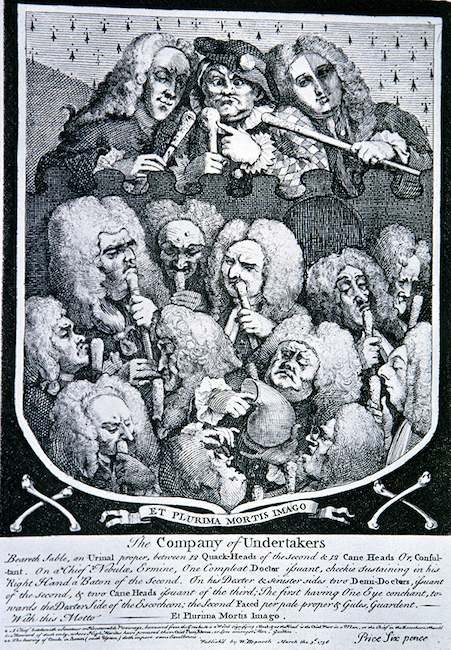 Engraving by William Hogarth titled The Company of Undertakers (1736). Satirical figures of doctors wearing wigs and holding canes.