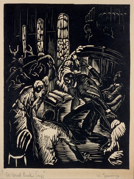 Linoleum cut by Wilmer Jennings titled De Good Book Says (ca. 1935). Figures praying around a bible in a church.