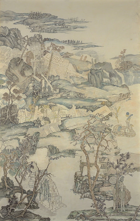 Painting by Yun-Fei Ji titled The Empty City: Fragrant Creek. Landscape in black, brown, and blue with a river flower past rocks, trees, people, and structures.