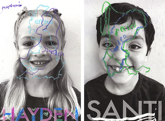 Left: Hayden, portrait of ancestral lands Sweden and England. Right: Santi, portrait with ancestral lands Sweden and Mexico.