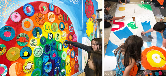 Fourth-grade mural-painting in progress.